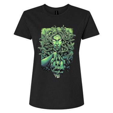 Black t-shirt with a green Medusa graphic design on a white background
